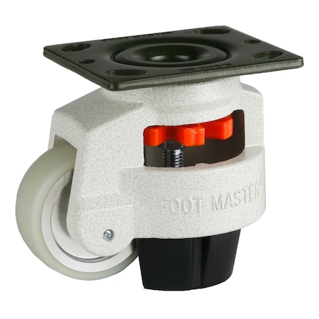 Foot Master Leveling Caster, 75 mm Polyurethane Wheel, 4 x 4-1/2 Plate, Swivel, 800 kg Cap, NBR Foot Pad, Ivory GD-100-F-HUP-PUS